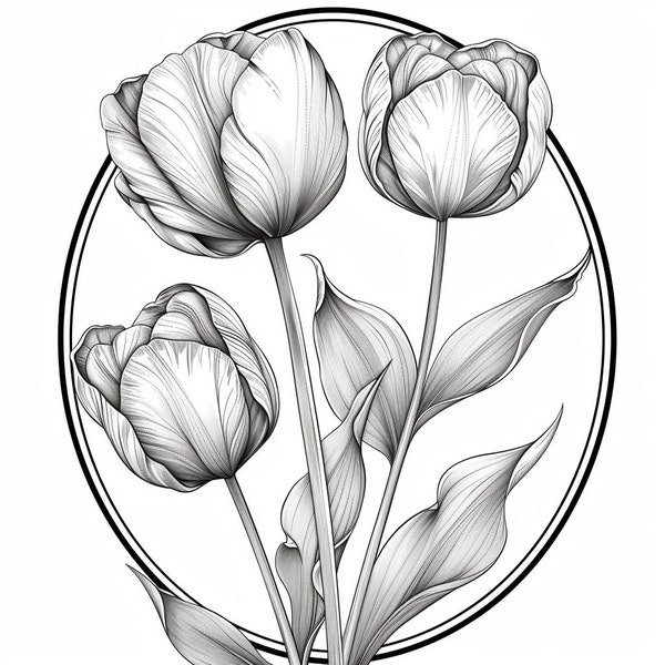 Tulip Blooms Line Art  Black and White Bundle 1     -100+  Digital Line Art AI  Svg-Png-Jpg
