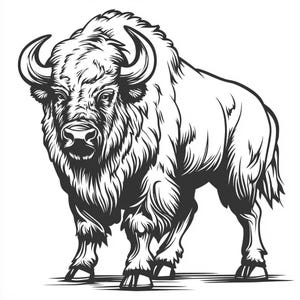 Può includere: Un disegno in bianco e nero di un bisonte, un grande mammifero peloso con le corna. Il bisonte è rivolto in avanti con la testa bassa e le corna puntate in avanti. Il bisonte è in piedi su tutte e quattro le zampe e la sua coda è arricciata.