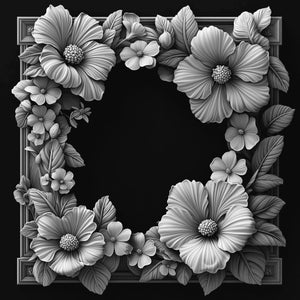May include: A black and white image of a decorative frame made of carved flowers. The frame is made of a variety of flowers, including roses, lilies, and daisies. The flowers are arranged in a circular pattern around the frame. The frame is set against a black background.