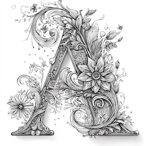 Puede incluir: Ilustración en blanco y negro de la letra «A» adornada con intrincados diseños florales y de hojas. La obra de arte presenta un detallado trabajo de líneas, creando una estética decorativa y elegante. Los elementos florales incluyen margaritas y otras flores estilizadas.