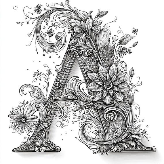 Drop Cap Alphabet A-Z Flowers Black and White Line Art Bundle 1 26