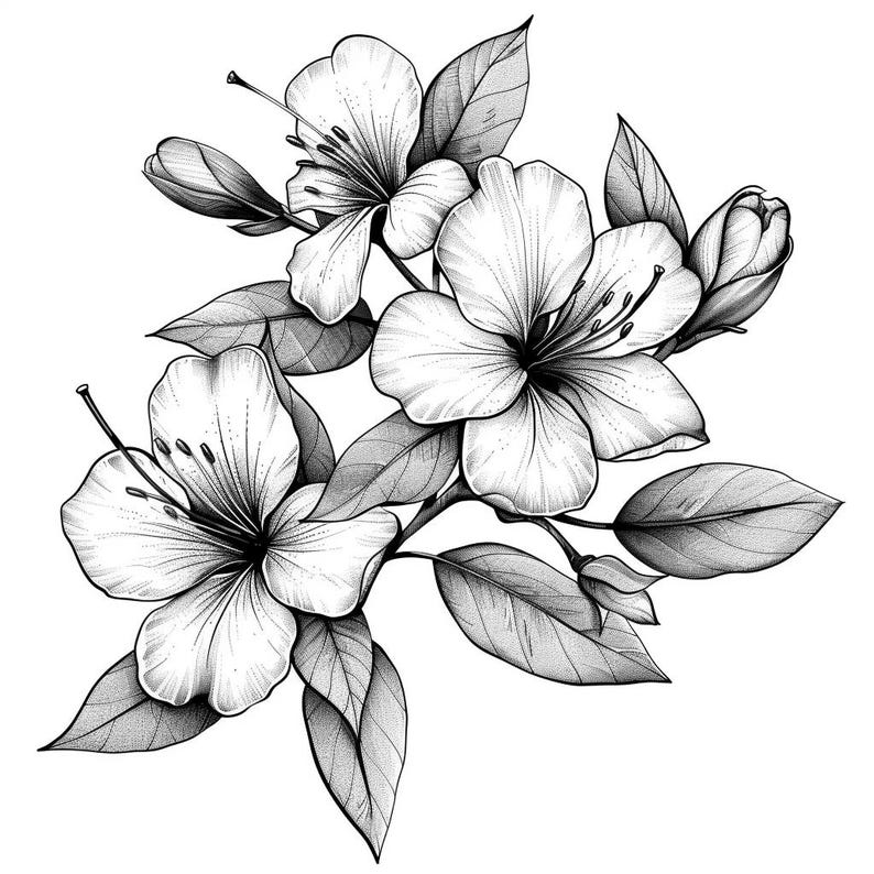 Azaleas Blooms Line Art Pen & Ink Monochrome Transparent Background ...