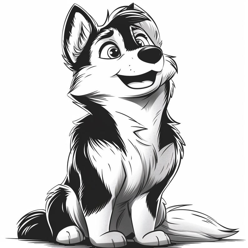 May include: Black and white illustration of a cartoon husky dog sitting and looking up. The dog has a happy expression and is drawn in a stylized, comic book style.
