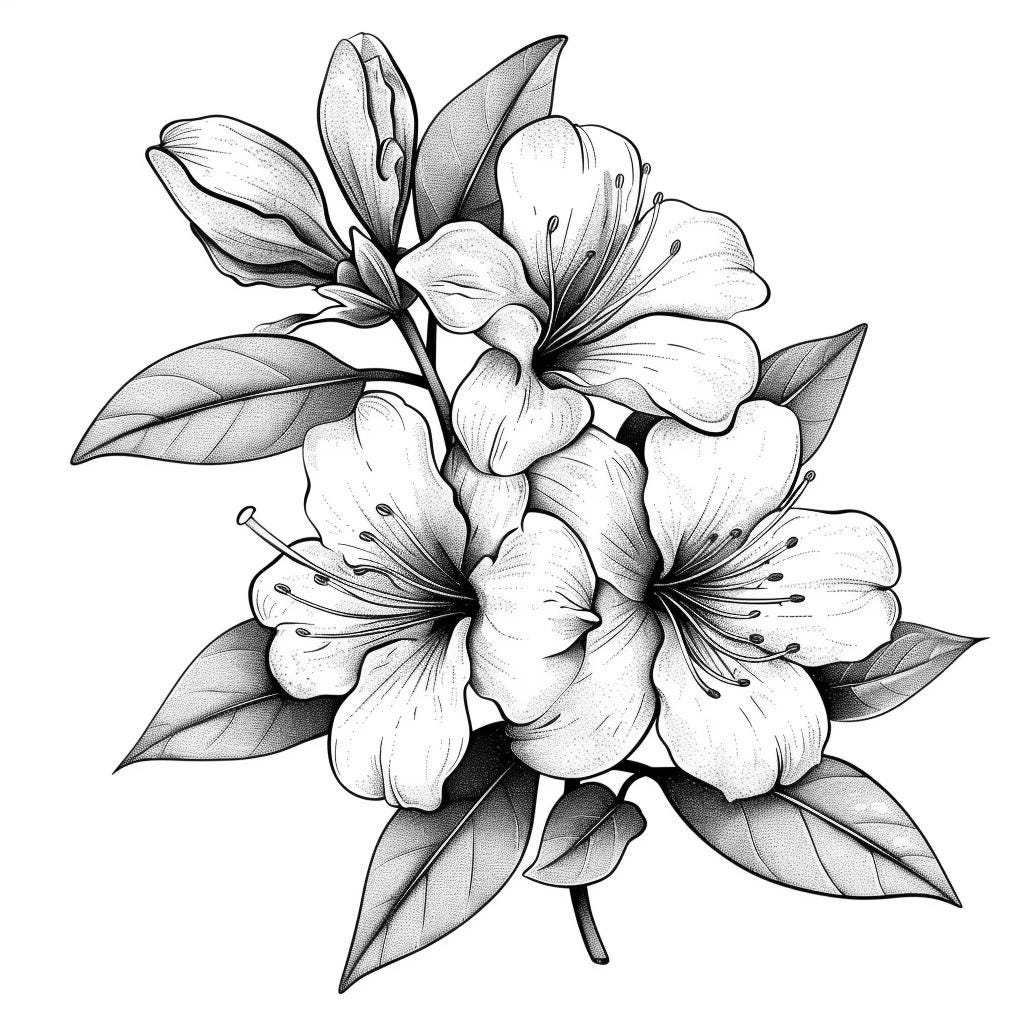Azaleas Blooms Line Art Pen & Ink Monochrome Transparent Background ...