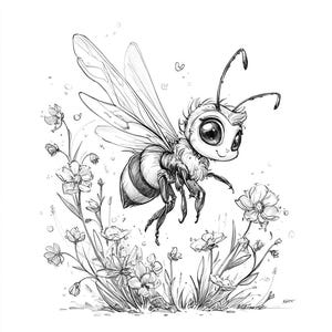 Könnte beinhalten: Schwarz-Weiß-Illustration einer Cartoon-Biene mit großen Augen und einem lächelnden Gesichtsausdruck. Die Biene fliegt in der Nähe detaillierter Blumen und Blätter. Das Bild ist eine detaillierte Skizze mit Schattierungen.