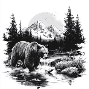 Peut inclure: Une illustration en noir et blanc d'un ours debout dans une rivière avec un poisson dans l'eau. L'ours regarde le poisson. L'arrière-plan est une chaîne de montagnes avec un soleil derrière les montagnes.