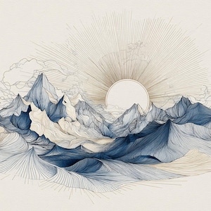 Può includere: Illustrazione astratta di una catena montuosa con un sole che sorge. L'opera presenta toni blu e beige, con un dettagliato lavoro a linee che crea le montagne e i raggi del sole. Lo stile ricorda un disegno a penna e inchiostro.