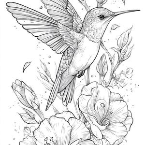Ilustraciones de arte lineal de colibríes y flores en blanco y negro, paquete de 2, 26 ilustraciones digitales de arte lineal Ai Svg-Png