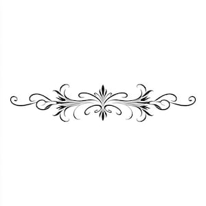 Peut inclure: Motif décoratif noir avec des éléments floraux et des volutes symétriques. Le design présente un motif floral central avec des vrilles bouclées s'étendant vers l'extérieur sur fond blanc. Idéal pour divers projets de design.