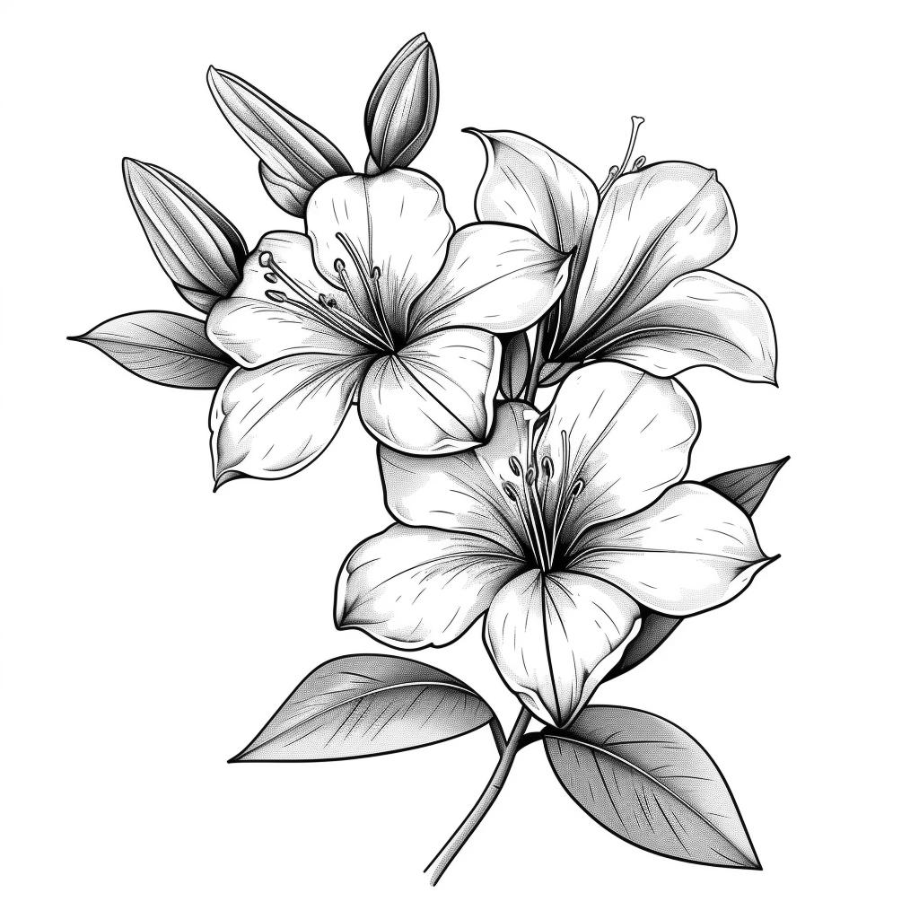 Azaleas Blooms Line Art Pen & Ink Monochrome Bundle 4 24 Digital Ai ...