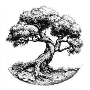Può includere: Un'illustrazione in bianco e nero di un albero nodoso con un tronco spesso e rami. L'albero è disegnato in uno stile realistico e sembra molto vecchio.