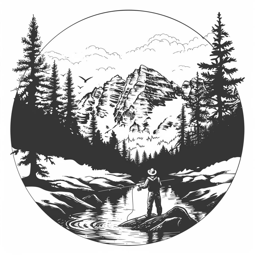 Fishing Mountain Scene Oval - Silhouette Black/white Bundle 1