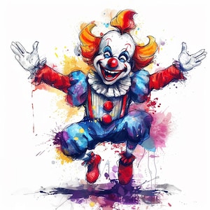 May include: A watercolor illustration of a clown with red hair, a red nose, and a big smile. The clown is wearing a colorful costume with a blue and white pattern. The clown is jumping in the air with its arms outstretched.