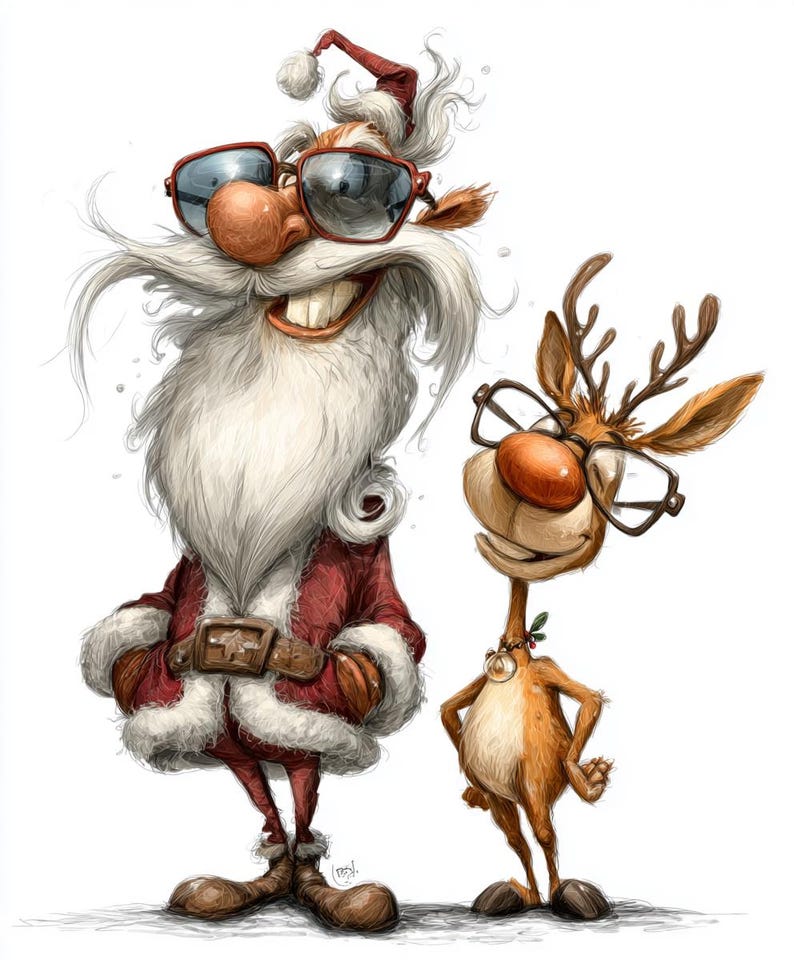 Santa With Rudolf Santa and Rudolf Crazy Cartoon Line Art Color Bundle 2 24 Digital Ai ...