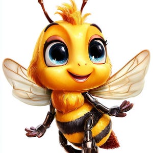 May include: A cartoon illustration of a smiling bee with large blue eyes, yellow fur, and black and yellow striped abdomen. The bee has translucent wings and is posed as if in flight.