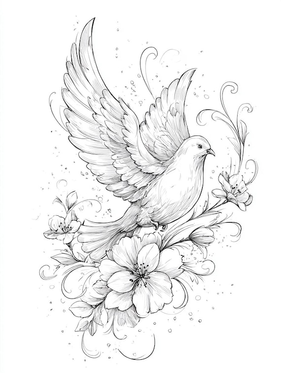 鳩と花の白黒線画バンドル 1.36 デジタル AI 線画 SVG PNG (デジタル