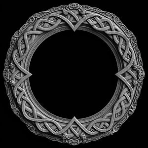 May include: A circular, silver-toned frame with intricate knotwork and stylised animal heads. The frame is ornate and has a Celtic or Viking aesthetic.