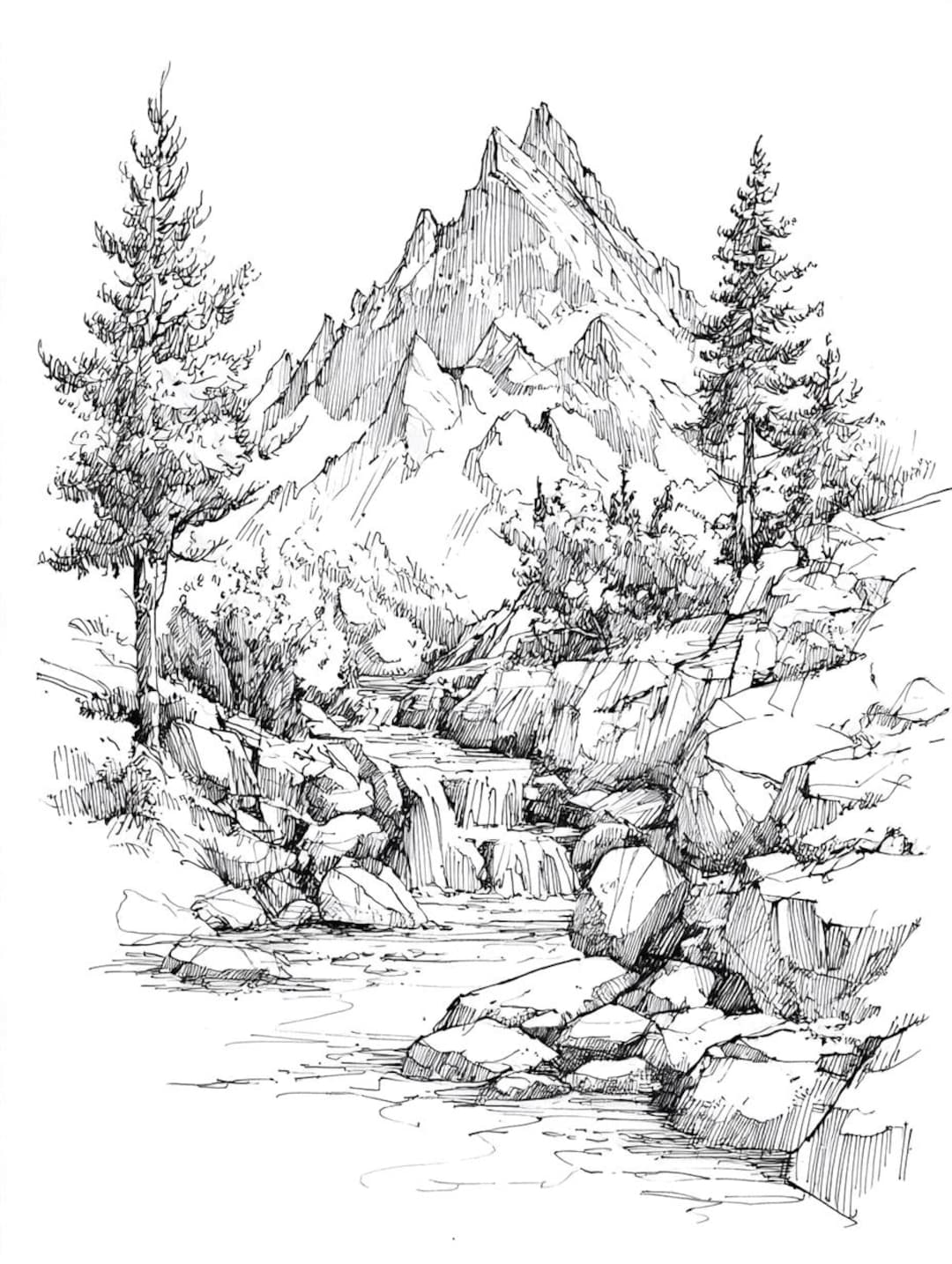 Stream Mountain Line Art Black and White Bundle 1 24 Digital Ai