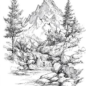 May include: A detailed black and white pen and ink drawing of a mountain landscape. The artwork features a towering mountain peak, a flowing stream, and several trees. The scene is filled with rocks and foliage.