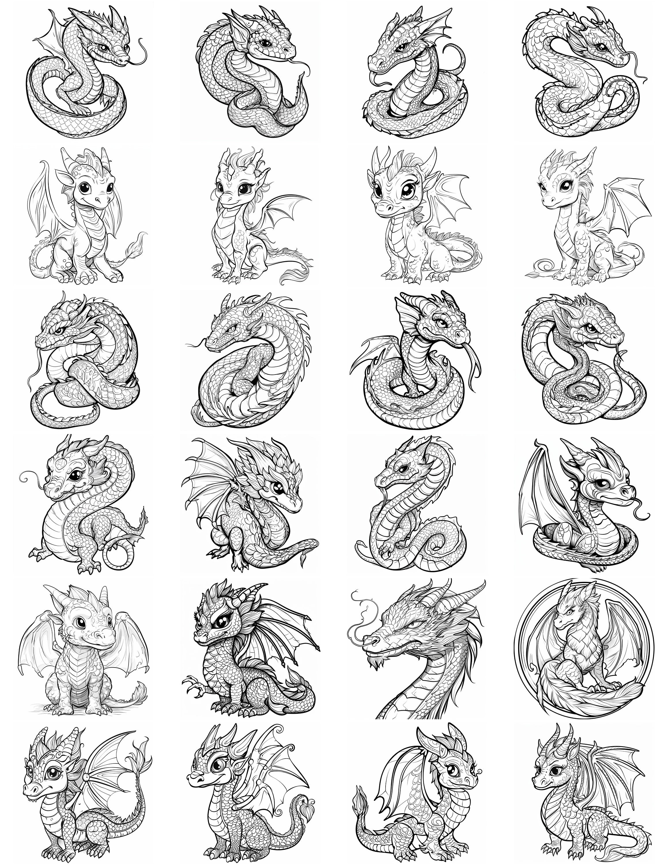 ドラゴン漫画の白黒バンドル3 85デジタルAI線画PNG-SVG-JPG（デジタル