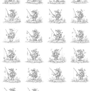 May include: A collection of detailed black and white illustrations of a whimsical fisherman. Each figure is depicted in a unique pose, fishing with a rod and reel. The fisherman wears a hat and backpack, surrounded by plants and butterflies.