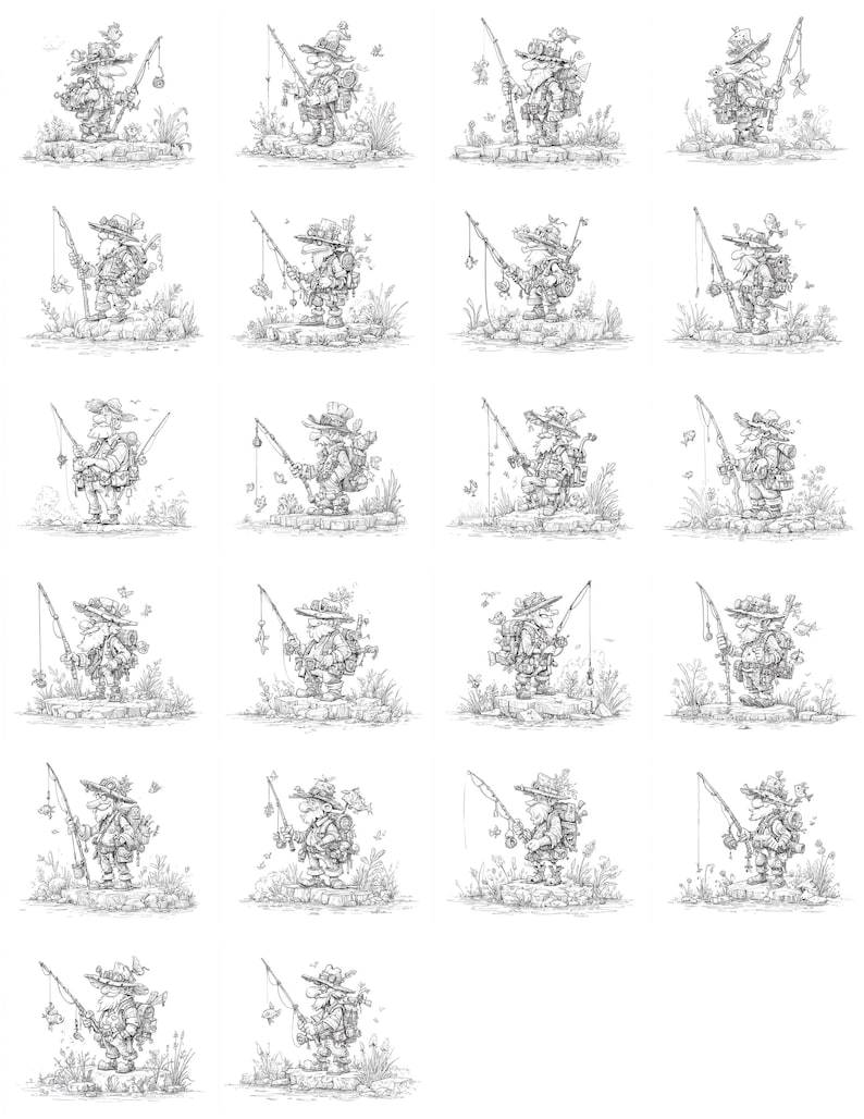 May include: A collection of detailed black and white illustrations of a whimsical fisherman. Each figure is depicted in a unique pose, fishing with a rod and reel. The fisherman wears a hat and backpack, surrounded by plants and butterflies.