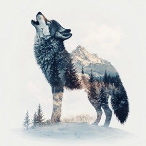 Pakiet grafiki liniowej Wolf Mountains Double Exposure 2 34 Cyfrowa grafika liniowa Ai PNG SVG