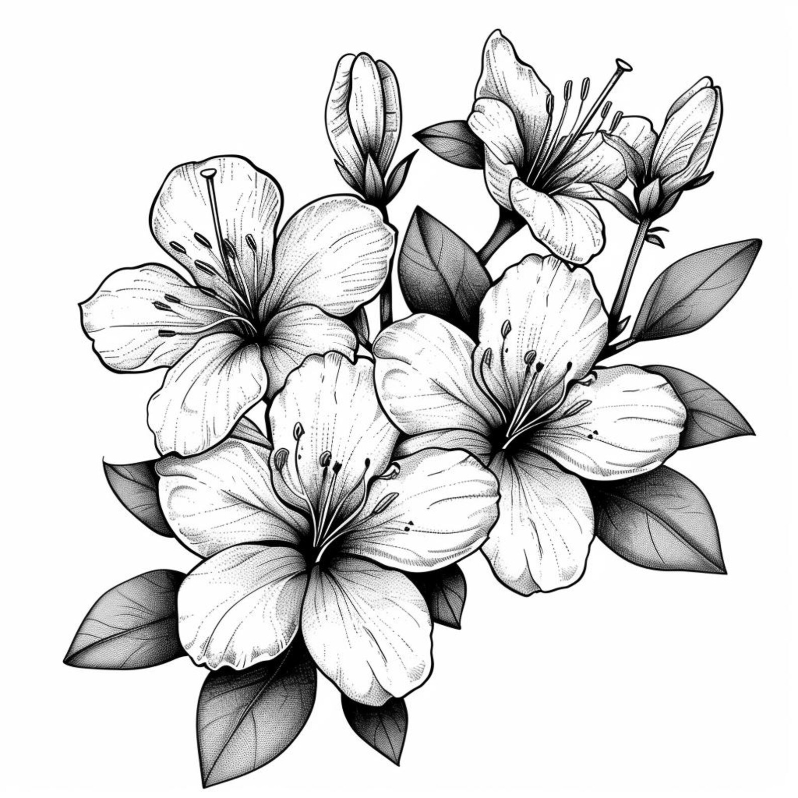 Azaleas Blooms Line Art Pen & Ink Monochrome Transparent Background ...