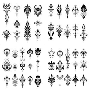 May include: A set of 40 black and white vector illustrations of decorative floral designs. The designs are intricate and detailed, and they would be perfect for use in a variety of projects, such as scrapbooking, card making, and web design.