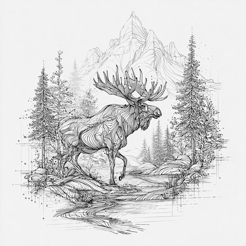 Moose Forest Line Art Bundle: Abstract Black and White PNG SVG (digital ...