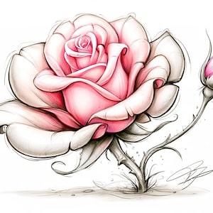 Op de afbeelding: Een gedetailleerde illustratie van een bloeiende roze roos met gelaagde bloemblaadjes en een kleinere, gesloten rozenknop op een doornige steel. De tekening bevat dikke zwarte omlijningen en zachte roze schaduwen.