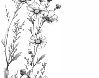 春の花の縦型ボーダー、白黒線画、鮮やかな色彩のバンドル1 48個の