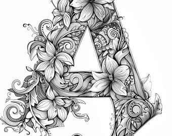 Cherry Blossom Alphabet Cap Drop Black/White Line Art  Bundle A-G    28 Digital Ai Line Art PNG-SVG