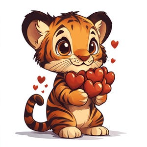 Puede incluir: Un lindo cachorro de tigre de dibujos animados con rayas naranjas y negras sostiene un ramo de corazones rojos. El tigre tiene ojos grandes y marrones y una expresión dulce.