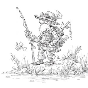 May include: A detailed black and white illustration of a steampunk fisherman standing on a rock in a stream. He wears a hat with goggles, a backpack, and holds a fishing rod with a fish-shaped lure. The artwork has a whimsical, cartoonish style.