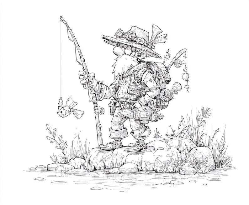 May include: A detailed black and white illustration of a steampunk fisherman standing on a rock in a stream. He wears a hat with goggles, a backpack, and holds a fishing rod with a fish-shaped lure. The artwork has a whimsical, cartoonish style.
