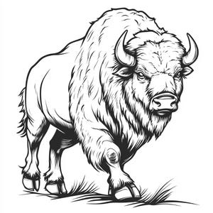 Puede incluir: Un dibujo en blanco y negro de un bisonte con la cabeza baja y los cuernos visibles. El bisonte está de frente y parece estar cargando.