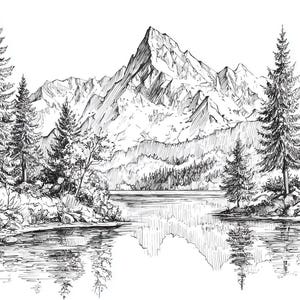 Può includere: Illustrazione dettagliata in bianco e nero di un paesaggio montano. L'immagine presenta un lago che riflette gli alberi e le montagne circostanti. Alti pini incorniciano la scena, con un'imponente vetta sullo sfondo.