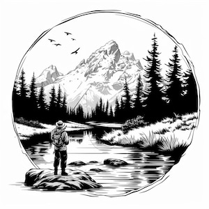 May include: Black and white illustration of a fisherman standing on a rock in a river, with mountains and trees in the background. The scene is framed by a circular border, with birds flying overhead. The fisherman is wearing a hat and backpack.