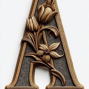 Peut inclure: Lettre "A" en bois avec un motif floral. Le cadre est marron clair et l'intérieur est gris texturé. Le motif floral comprend des tulipes et une fleur aux pétales détaillés, le tout dans des tons bruns.