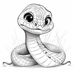 May include: A black and white line drawing of a cartoon snake with large eyes. The snake is curled up in a coil with its head raised and looking to the right. The snake is in a grassy field.
