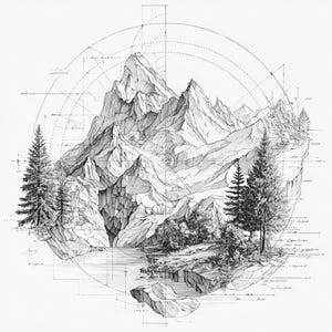 May include: Detailed black and white illustration of a mountain range within a circular design. The artwork features detailed shading, trees, a lake, and architectural lines, creating a three-dimensional effect. The style is reminiscent of technical drawings.