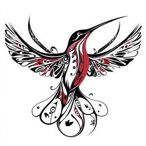May include: A black and red stylized hummingbird with intricate details and a floral design. The hummingbird is in flight with its wings spread wide.