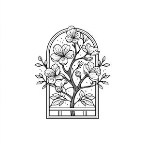 May include: Black and white line art illustration of a flowering tree inside an arched window frame. The tree features detailed blossoms, leaves, and buds. The design is symmetrical and suitable for various applications.