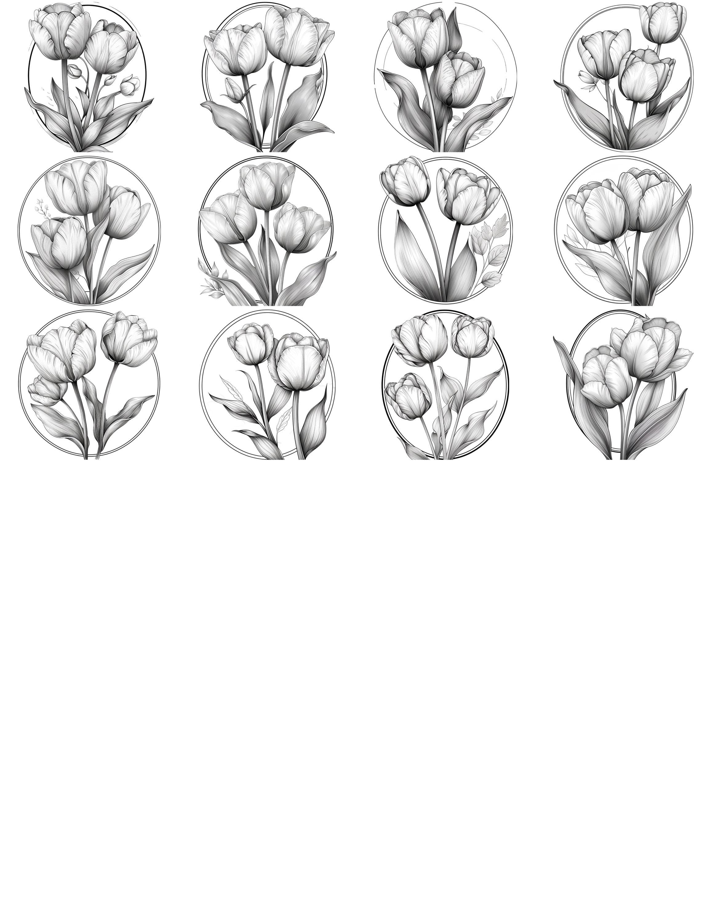 チューリップの花の線画 白黒バンドル 1 36 デジタル Ai 線画 PNG-SVG