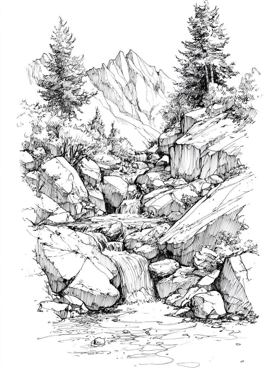 Stream Mountain Line Art Black and White Bundle 2 28 Digital Ai