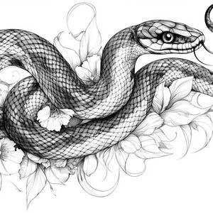 Op de afbeelding: Een zwart-witte illustratie van een slang die om delicate bloemen is gewikkeld. De slang is gedetailleerd getekend, met schubben en een gespleten tong. De bloemen zijn gestileerd en hebben een delicate, vrouwelijke uitstraling.