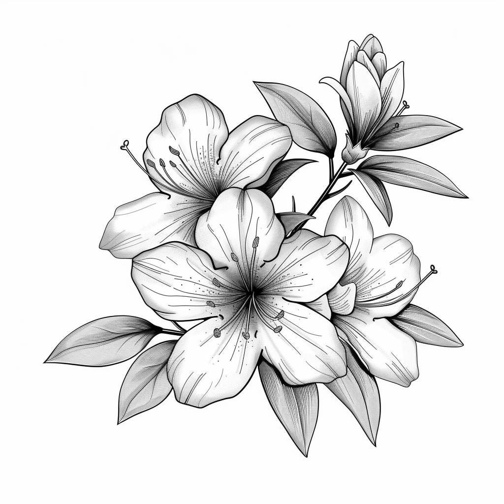 Azaleas Blooms Line Art Pen & Ink Monochrome Transparent Background ...