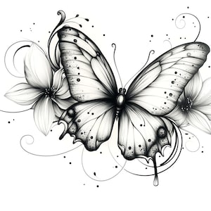 Paquete de arte lineal de tatuajes de mariposas y flores 1 36 Arte lineal digital Ai PNG SVG