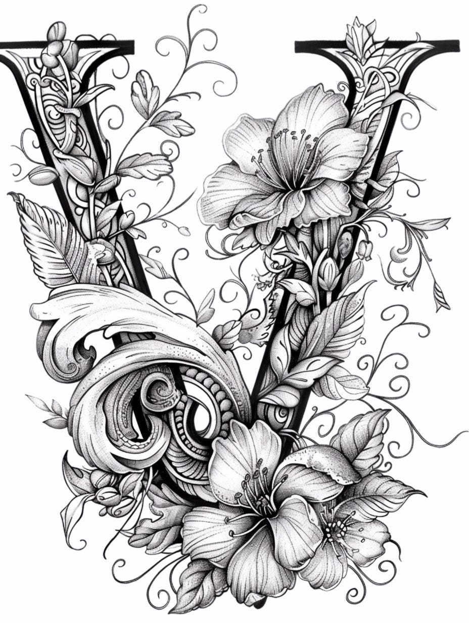 Cherry Blossom Alphabet Cap Drop Black/White Line Art  Bundle V-Z    19  Digital Ai Line Art Svg Png